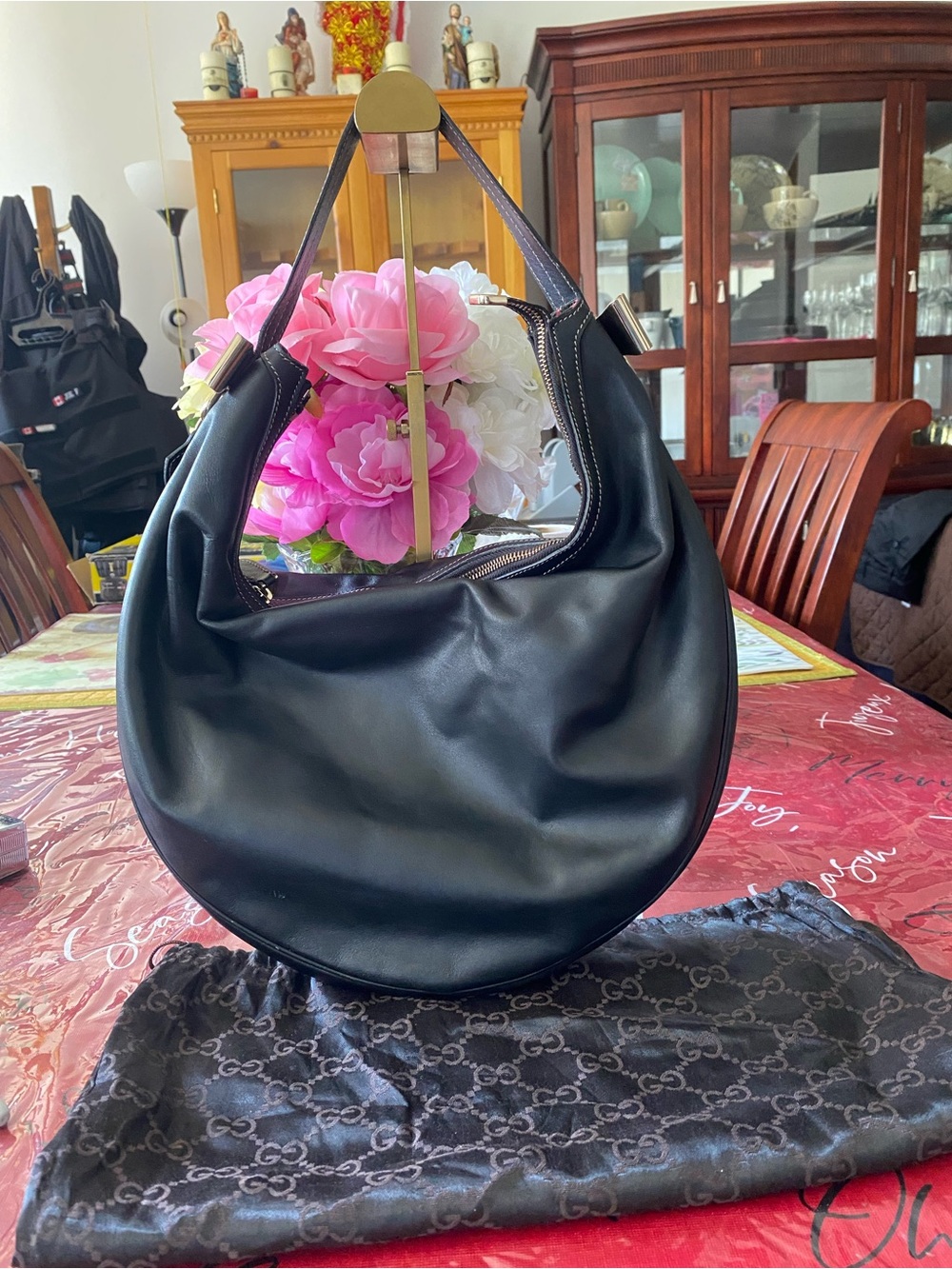Classic Black Leather Shoulder Hobo Bag